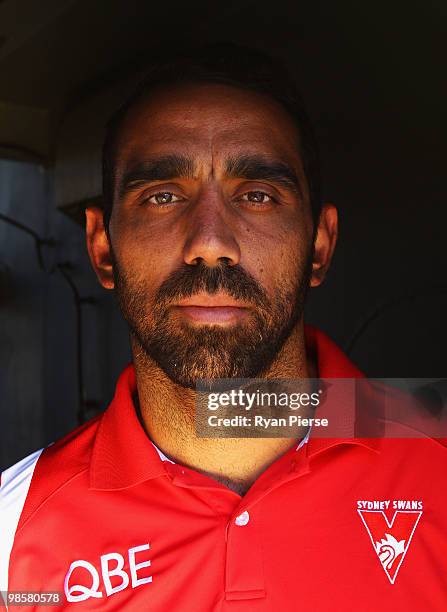 Adam Goodes of the Swans poses aboard HMAS Sydney during a Sydney Swans AFL Press Conference at HMAS Kuttabul on April 21, 2010 in Sydney, Australia.