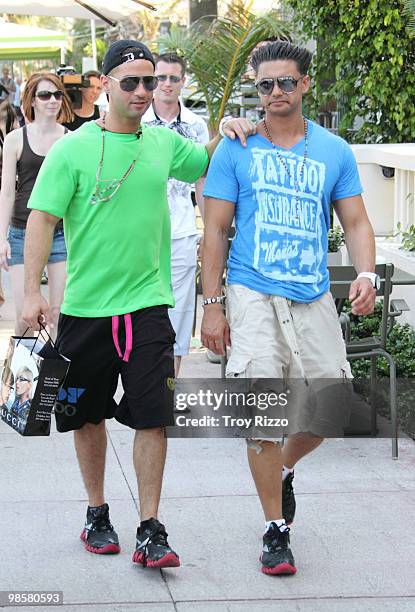 Michael "The Situation" Sorrentino and Paul "Pauly D" Del Vecchio are seen on April 20, 2010 in Miami Beach, Florida.