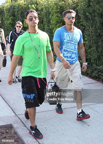 Michael "The Situation" Sorrentino and Paul "Pauly D" Del Vecchio are seen on April 20, 2010 in Miami Beach, Florida.