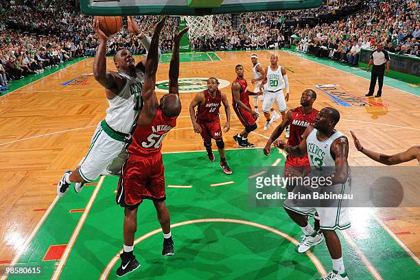 Glen Davis of the Boston Celtics drives to the basket against Joel Anthony of the Miami Heat in Game Two of the Eastern Conference Quarterfinals...