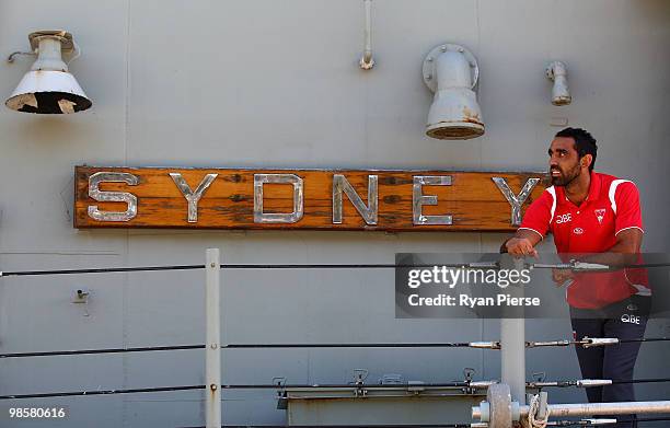 Adam Goodes of the Swans poses aboard HMAS Sydney during a Sydney Swans AFL Press Conference at HMAS Kuttabul on April 21, 2010 in Sydney, Australia.