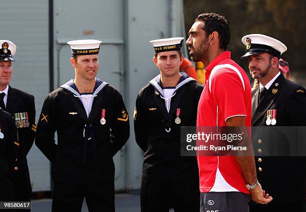 Adam Goodes of the Swans speaks with crew members aboard HMAS Sydney during a Sydney Swans AFL Press Conference at HMAS Kuttabul on April 21, 2010 in...