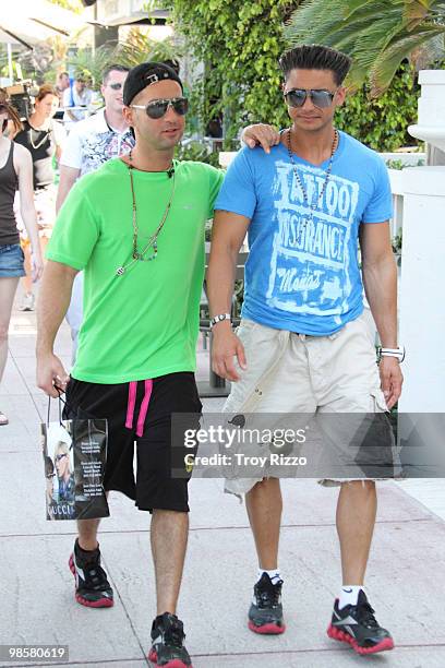 Michael "The Situation" Sorrentino and Paul "Pauly D" Del Vecchio are seen on April 20, 2010 in Miami Beach, Florida.