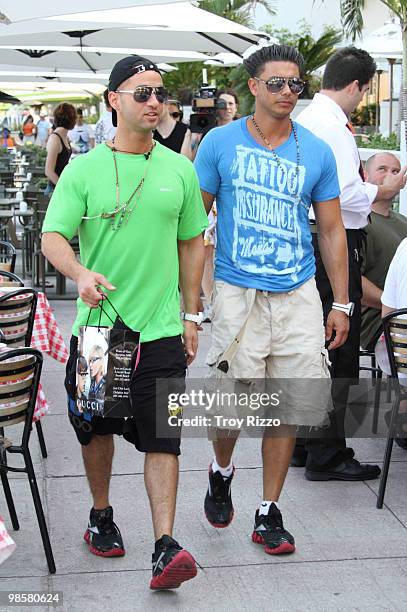 Michael "The Situation" Sorrentino and Paul "Pauly D" Del Vecchio are seen on April 20, 2010 in Miami Beach, Florida.