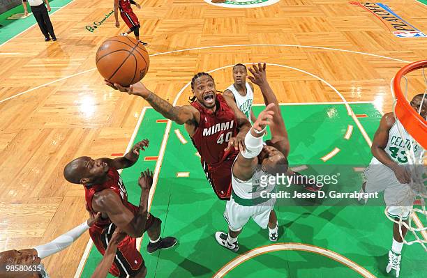 Udonis Haslem of the Miami Heat shoots against Glen Davis of the Boston Celtics in Game Two of the Eastern Conference Quarterfinals during the 2010...