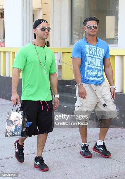 Michael "The Situation" Sorrentino and Paul "Pauly D" Del Vecchio are seen on April 20, 2010 in Miami Beach, Florida.