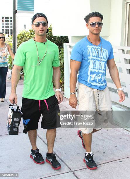 Michael "The Situation" Sorrentino and Paul "Pauly D" Del Vecchio are seen on April 20, 2010 in Miami Beach, Florida.