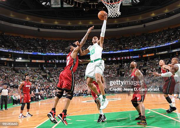 Ray Allen of the Boston Celtics shoots against Udonis Haslem of the Miami Heat in Game Two of the Eastern Conference Quarterfinals during the 2010...