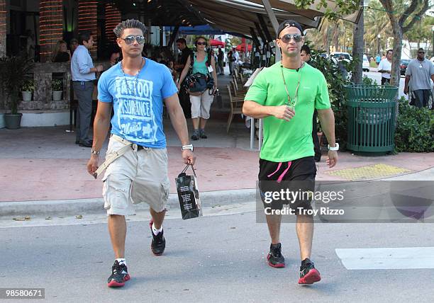 Paul "Pauly D" Del Vecchio and Michael "The Situation" Sorrentino are seen on April 20, 2010 in Miami Beach, Florida.