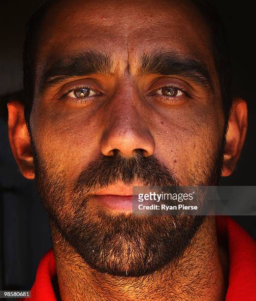 Adam Goodes of the Swans poses aboard HMAS Sydney during a Sydney Swans AFL Press Conference at HMAS Kuttabul on April 21, 2010 in Sydney, Australia.