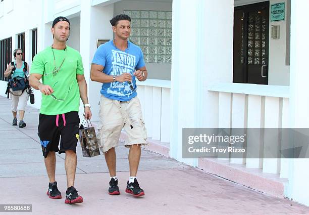 Michael "The Situation" Sorrentino and Paul "Pauly D" Del Vecchio are seen on April 20, 2010 in Miami Beach, Florida.