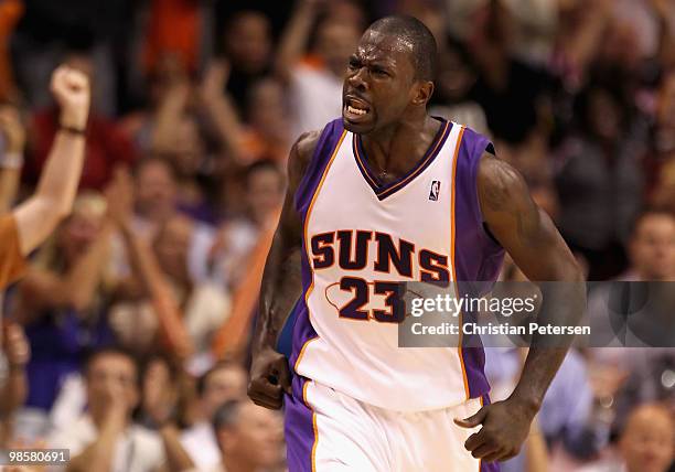 Jason Richardson of the Phoenix Suns celebrates after hitting a three point shot against the Portland Trail Blazers during Game Two of the Western...
