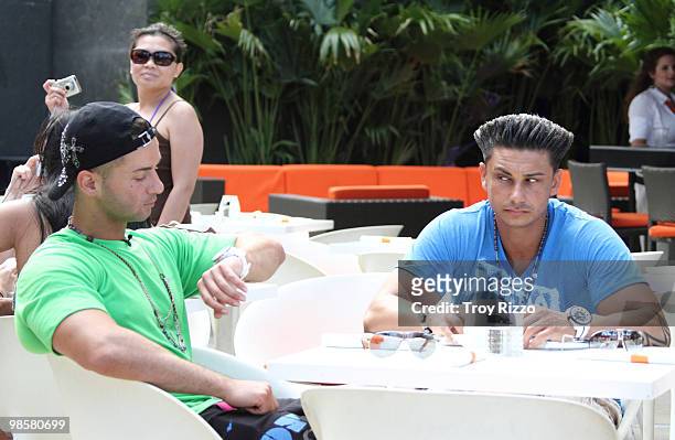 Michael "The Situation" Sorrentino and Paul "Pauly D" Del Vecchio are seen having lunch on April 20, 2010 in Miami Beach, Florida.