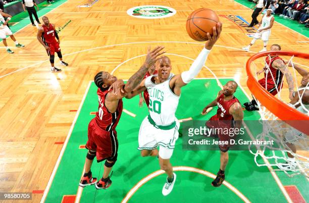 Ray Allen of the Boston Celtics shoots against Udonis Haslem of the Miami Heat in Game Two of the Eastern Conference Quarterfinals during the 2010...
