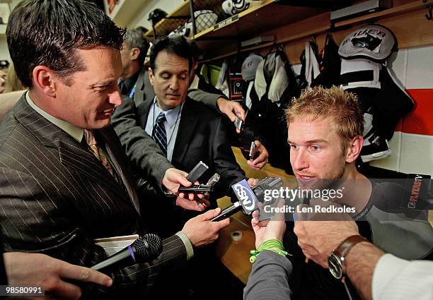 Jeff Carter of the Philadelphia Flyers speaks to the media after defeating the New Jersey Devils 4-1 in Game Four of the Eastern Conference...