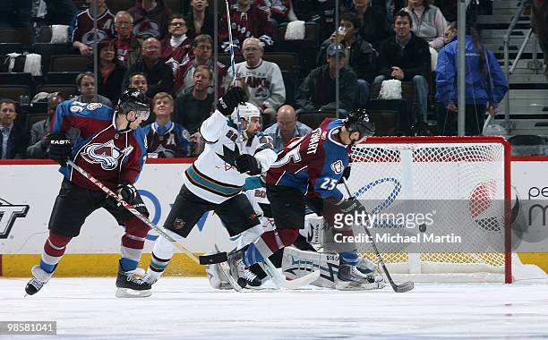 Paul Stastny of the Colorado Avalanche scores a goal against the San Jose Sharks in Game Four of the Western Conference Quarterfinals during the 2010...