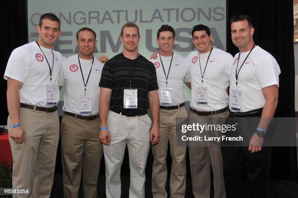 Members of the United States Olympic bobsled teams, left to right, Justin Olsen, Nick Cunningham, Curt Tomasevicz, Steve Langton, James Moriarty and...