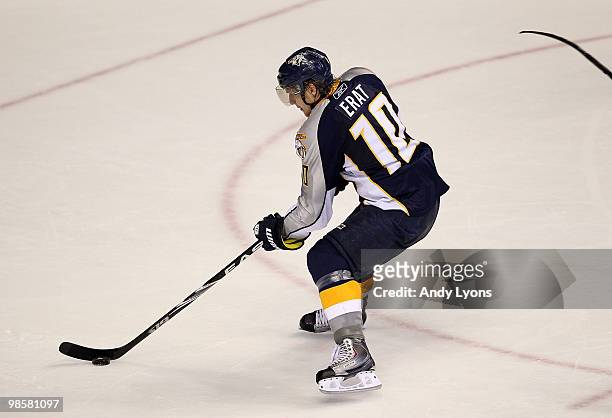 Martin Erat of the Nashville Predators attempt a shot against the Chicago Blackhawks during game 3 of the Western Conference Quarterfinals of the...