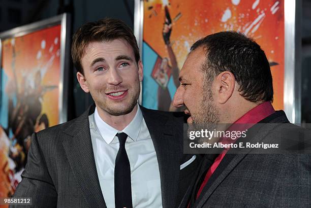 Actor Chris Evans and producer Joel Silver arrive at Warner Bros. "The Losers" premiere at Grauman's Chinese Theatre on April 20, 2010 in Los...