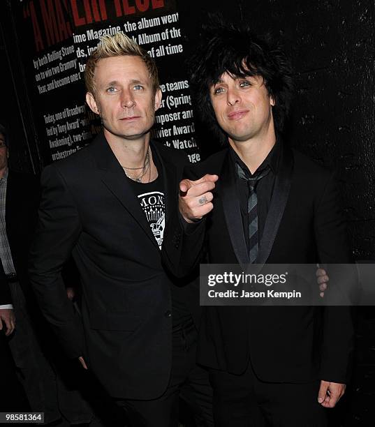 Musicians Mike Dirnt and Billie Joe Armstrong of Green Day attend the Broadway Opening of "American Idiot" at the St. James Theatre on April 20, 2010...
