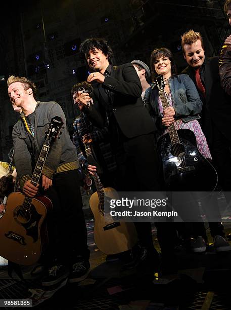 Musicians Billie Joe Armstrong and Tre Cool of Green Day attend the curtain call at the Broadway opening of "American Idiot" at the St. James Theatre...