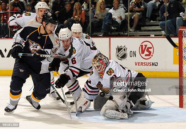 Marcel Goc of the Nashville Predators takes a shot on Antti Niemi of the Chicago Blackhawks in Game Three of the Western Conference Quarterfinals...