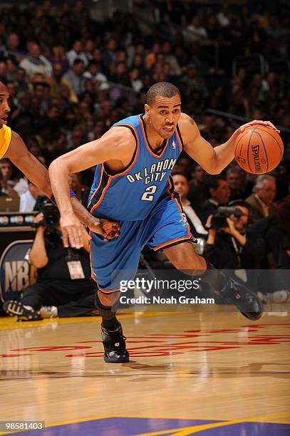 Thabo Sefolosha of the Oklahoma City Thunder dribbles against the Los Angeles Lakers in Game Two of the Western Conference Quarterfinals during the...