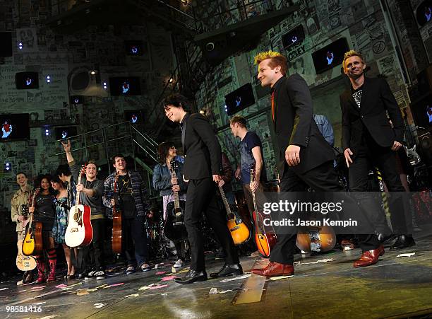 Musicians Billie Joe Armstrong, Tre Cool and Mike Dirnt of Green Day attend the curtain call at the Broadway opening of "American Idiot" at the St....