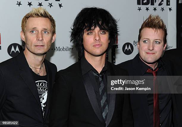 Musicians Mike Dirnt, Billie Joe Armstrong and Tre Cool attend the Broadway Opening of "American Idiot" at the Roseland Ballroom on April 20, 2010 in...