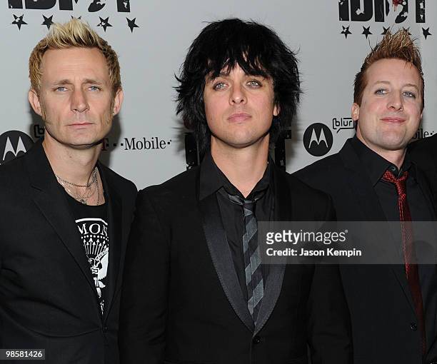Musicians Mike Dirnt, Billie Joe Armstrong and Tre Cool attend the Broadway Opening of "American Idiot" at the Roseland Ballroom on April 20, 2010 in...