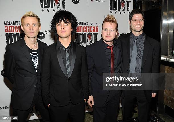Mike Dirnt, Billie Joe Armstrong and Tre Cool of Green Day with arranger/orchestrator Tom Kitt attend the after party for the opening of "American...