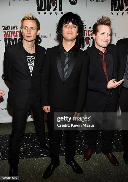 Mike Dirnt, Billie Joe Armstrong and Tre Cool of Green Day attends the after party for the opening of "American Idiot" on Broadway at Roseland...