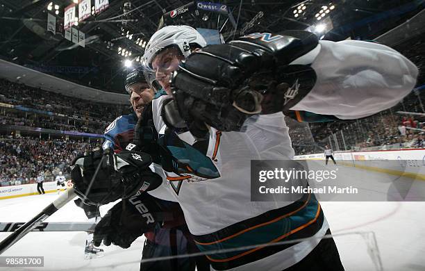 Dany Heatley of the San Jose Sharks skates against Chris Stewart of the Colorado Avalanche in Game Four of the Western Conference Quarterfinals...