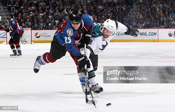 Chris Stewart of the Colorado Avalanche skates against Patrick Marleau of the San Jose Sharks in Game Four of the Western Conference Quarterfinals...