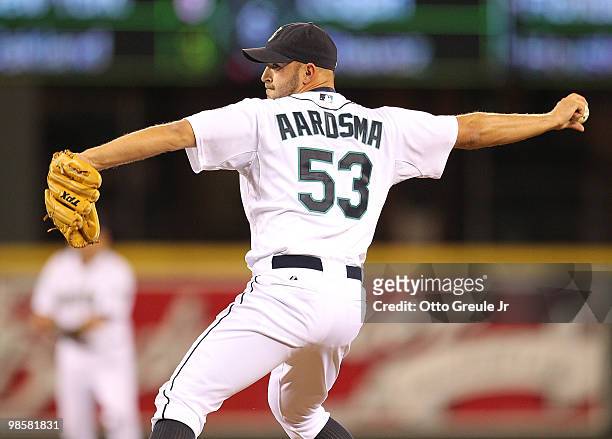 Closing pitcher David Aardsma of the Seattle Mariners pitches in a 3-1 defeat of the Baltimore Orioles 3-1 at Safeco Field on April 20, 2010 in...