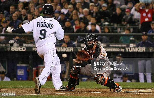 Catcher Matt Wieters of the Baltimore Orioles takes the throw before tagging out Chone Figgins of the Seattle Mariners at Safeco Field on April 20,...