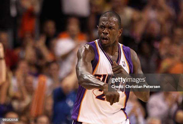 Jason Richardson of the Phoenix Suns celebrates after hitting a three point shot against the Portland Trail Blazers during Game Two of the Western...