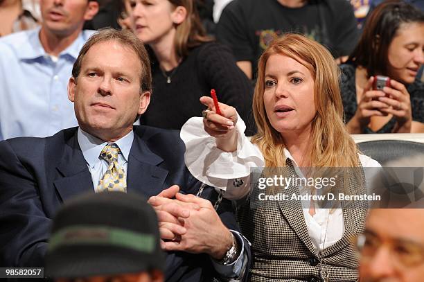 Head Coach Kurt Rambis of the Minnesota Timberwolves and Vice President of Business Operations Jeannie Buss of the Los Angeles Lakers look on during...