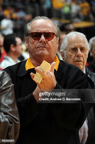 Actor Jack Nicholson attends a game between the Oklahoma City Thunder and the Los Angeles Lakers in Game Two of the Western Conference Quarterfinals...