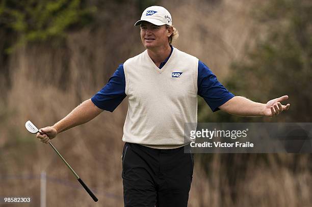 Ernie Els of South Africa gestures during the pro - am of the Ballantine's Championship at Pinx Golf Club on April 21, 2010 in Jeju island, South...