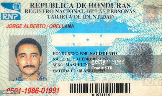 Photo shows the ID card of journalist Jorge Alberto Orellana who was killed by gunmen in the city of San Pedro Sula, 240 kms north of Tegucigalpa, on...