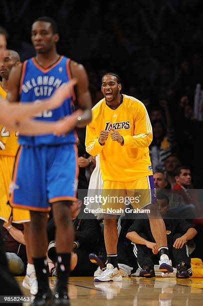 Josh Powell of the Los Angeles Lakers reacts during a game against the Oklahoma City Thunder in Game Two of the Western Conference Quarterfinals...