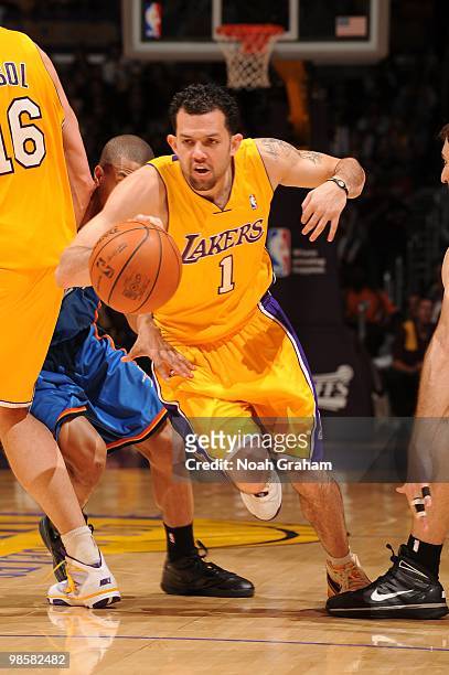 Jordan Farmar of the Los Angeles Lakers dribbles against the Oklahoma City Thunder in Game Two of the Western Conference Quarterfinals during the...