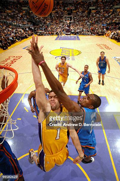Jordan Farmar of the Los Angeles Lakers goes up for a shot against Serge Ibaka of the Oklahoma City Thunder in Game Two of the Western Conference...