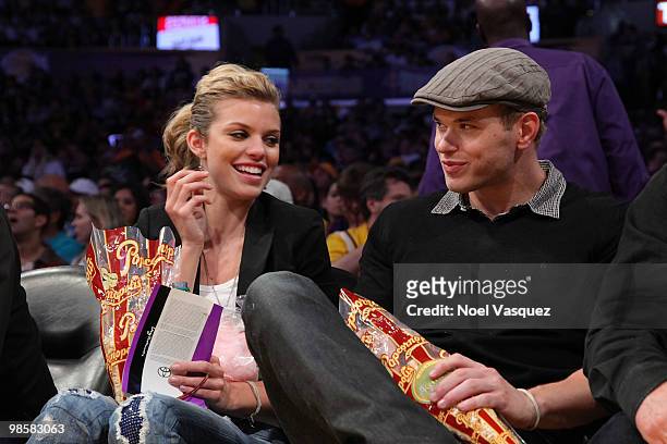 Kellan Lutz and Annalynne McCord attend a game between the Oklahoma City Thunder and the Los Angeles Lakers at Staples Center on April 20, 2010 in...