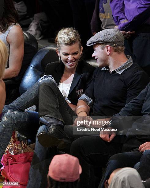 Kellan Lutz and Annalynne McCord attend a game between the Oklahoma City Thunder and the Los Angeles Lakers at Staples Center on April 20, 2010 in...