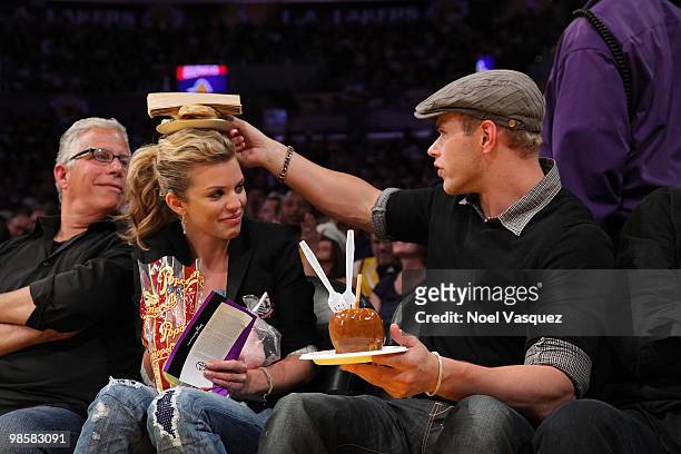 Kellan Lutz and Annalynne McCord attend a game between the Oklahoma City Thunder and the Los Angeles Lakers at Staples Center on April 20, 2010 in...
