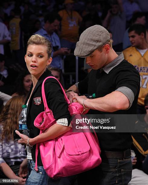 Kellan Lutz and Annalynne McCord attend a game between the Oklahoma City Thunder and the Los Angeles Lakers at Staples Center on April 20, 2010 in...