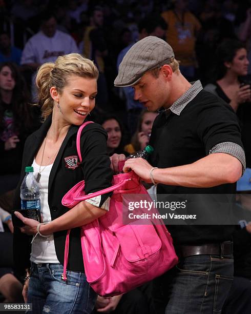 Kellan Lutz and Annalynne McCord attend a game between the Oklahoma City Thunder and the Los Angeles Lakers at Staples Center on April 20, 2010 in...