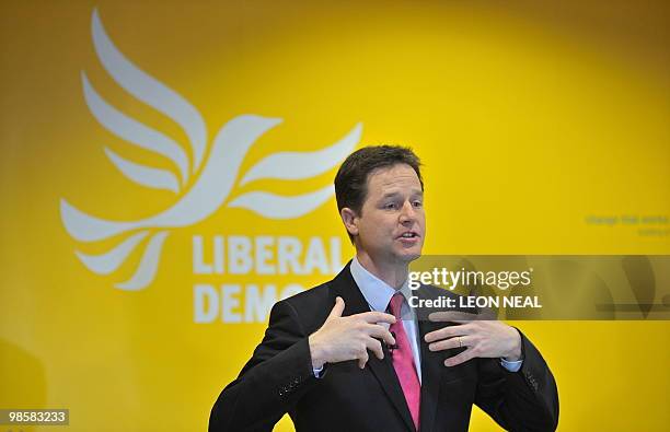 British Opposition Liberal Democrat leader Nick Clegg addresses journalists at a press conference in central London, on April 21, 2010. Britain's...